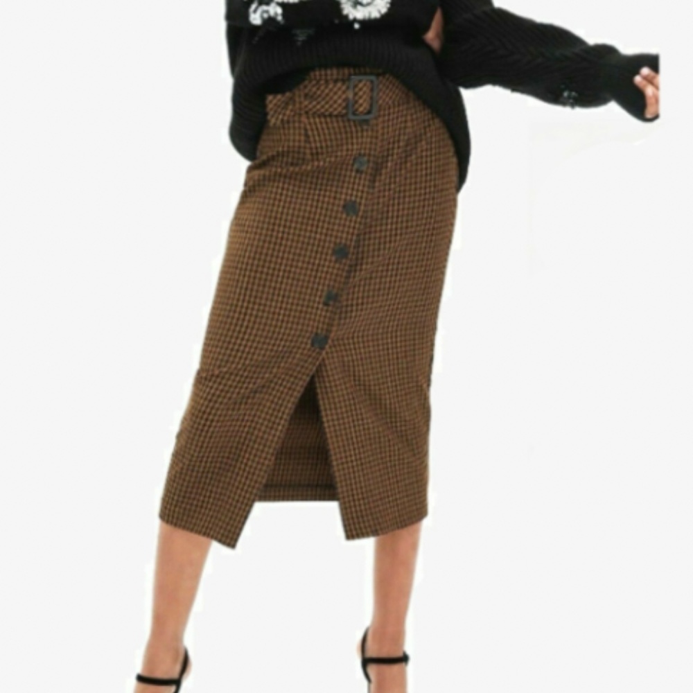 Zara Brown & Black Gingham Belted Pencil Skirt